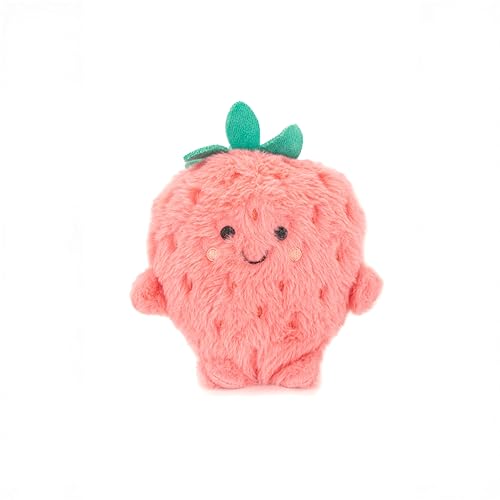 Pink, fluffy strawberry soft toy with green leaf and embroidered face.