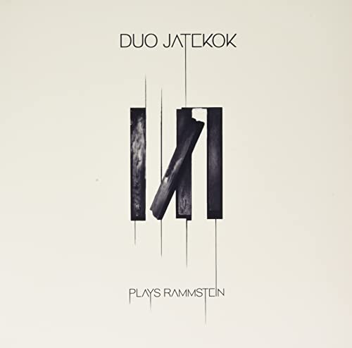 Album cover for Duo Jatekok Plays Rammstein, with abstract dark shapes.