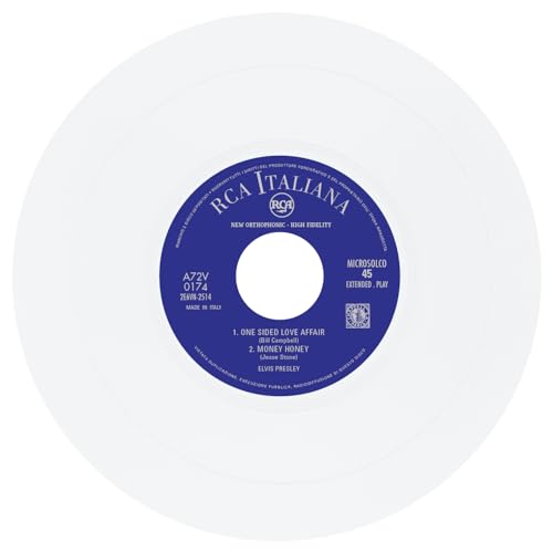 White vinyl record label with blue center, featuring Elvis Presley’s name.