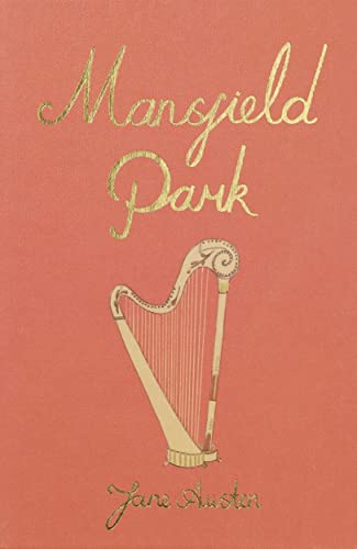 Coral book cover with gold text reading Mansfield Park and Jane Austen, featuring a harp.