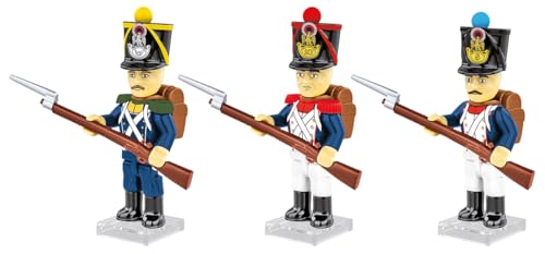 Three plastic Napoleonic soldiers with rifles, each with a different hat color.
