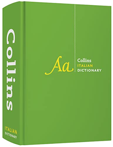 Green Collins Italian dictionary with gold lettering and the letter “A”.
