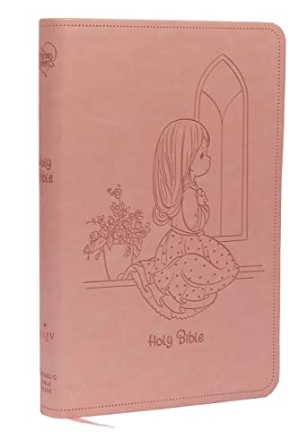 Pink Bible with embossed illustration of a girl praying by a window.