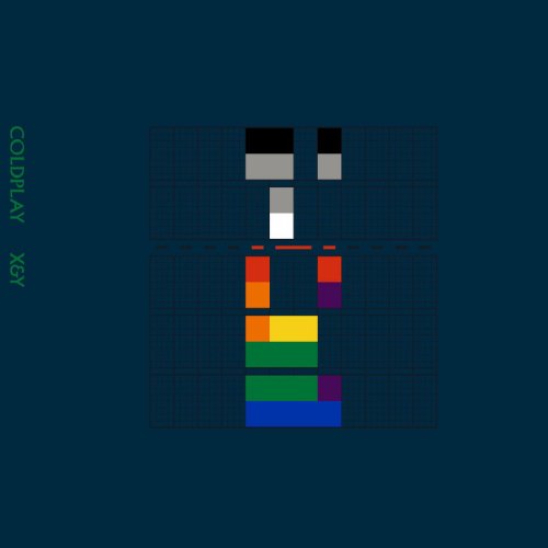 Coldplay’s “X&Y” album cover: a dark blue grid with colorful pixelated shapes.