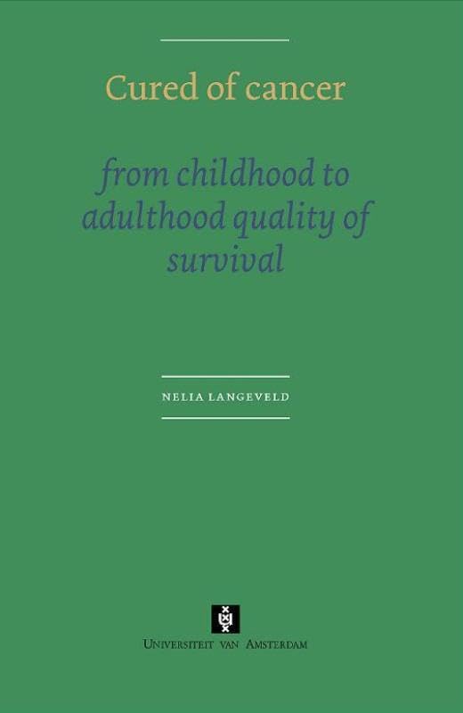 Green book cover with title “Cured of cancer” and author “Nelia Langeveld”.