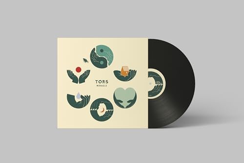 Vinyl record and cover featuring illustrations of hands holding various symbols on cream background.