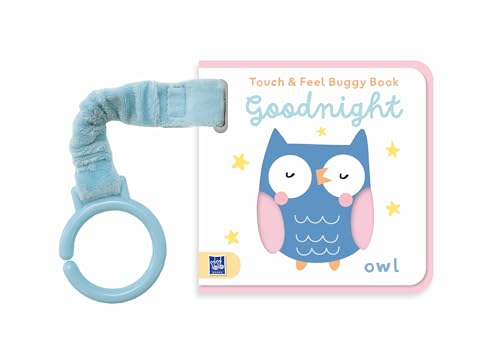 Baby book with a blue owl, textured handle, and ring teether.