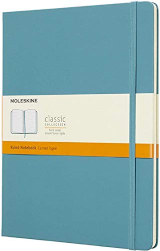 Moleskine Classic Ruled Paper Notebook, Hard Cover And Elastic Closure Journal, Colour Reef Blue, Size Extra Large 19 X 25 A4, 192 Pages
