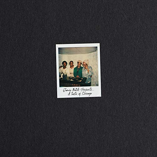 Black background with a Polaroid photo of four people and a DJ setup.