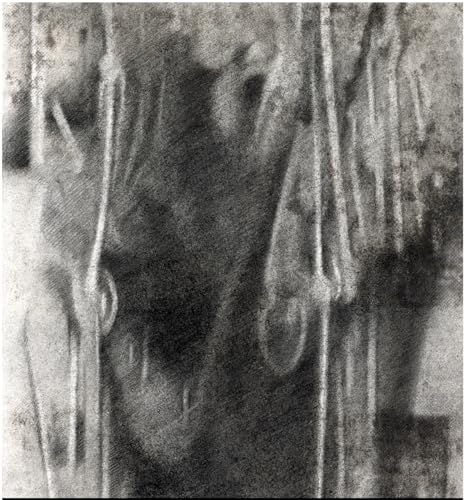 Abstract black and white image with blurred vertical lines and shapes.