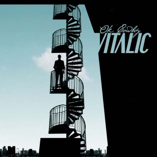 Silhouette of a person standing on a spiral staircase against a light blue sky.
