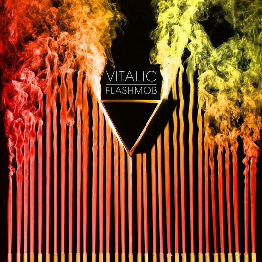 Vitalic Flashmob album cover with red and yellow smoke rising from vertical incense sticks.