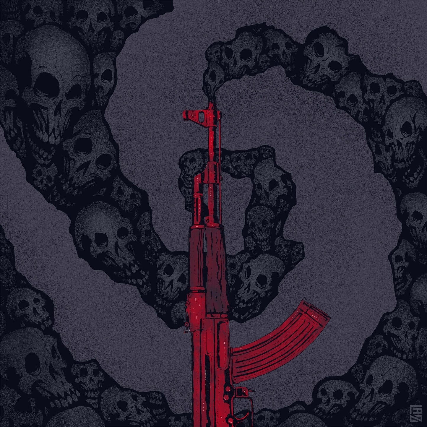 Red assault rifle centered amidst a dense field of illustrated skulls.