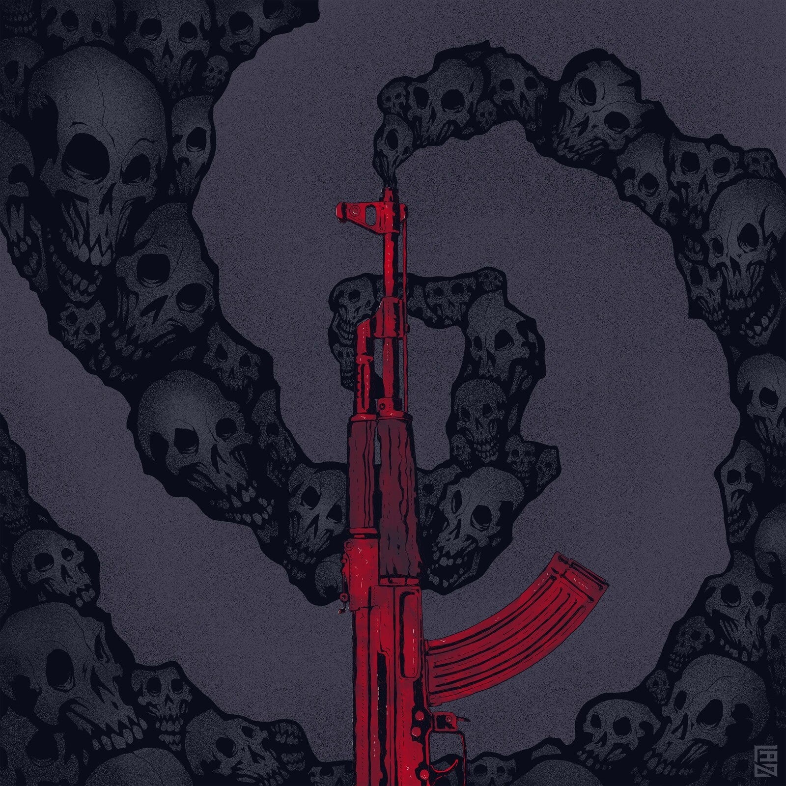 Red assault rifle centered amidst a dense field of illustrated skulls.