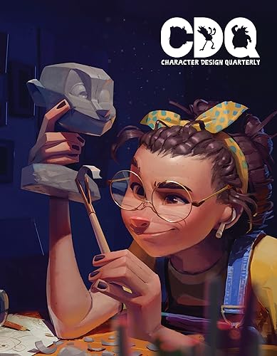 Illustration of a young artist sculpting with a girl and stone head.
