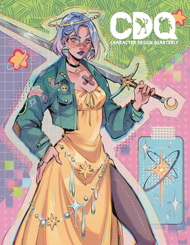 Illustration of a young woman with blue hair holding a sword, magazine cover.