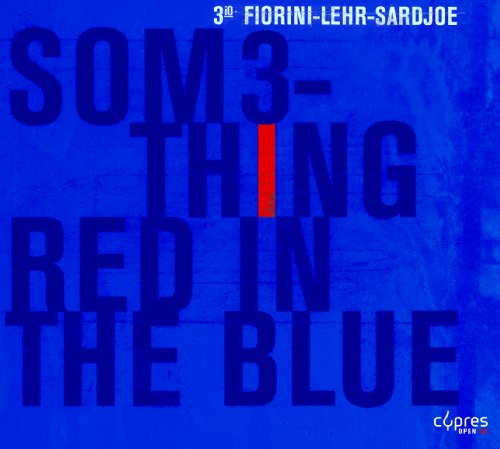 "Blue album cover with large, dark blue text and a red vertical line."