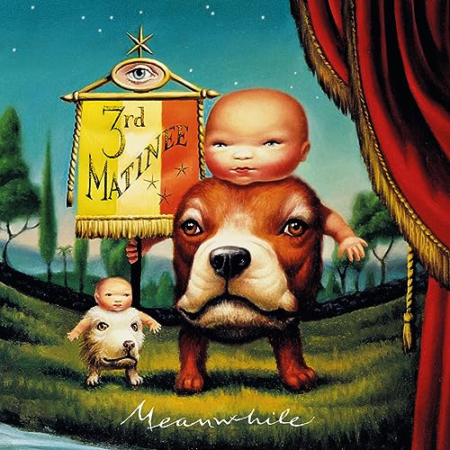 Album cover: baby-headed dog with banner, another baby, and landscape.
