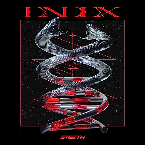 Album cover for 3teeth's EndEx featuring a silver snake and red lines.