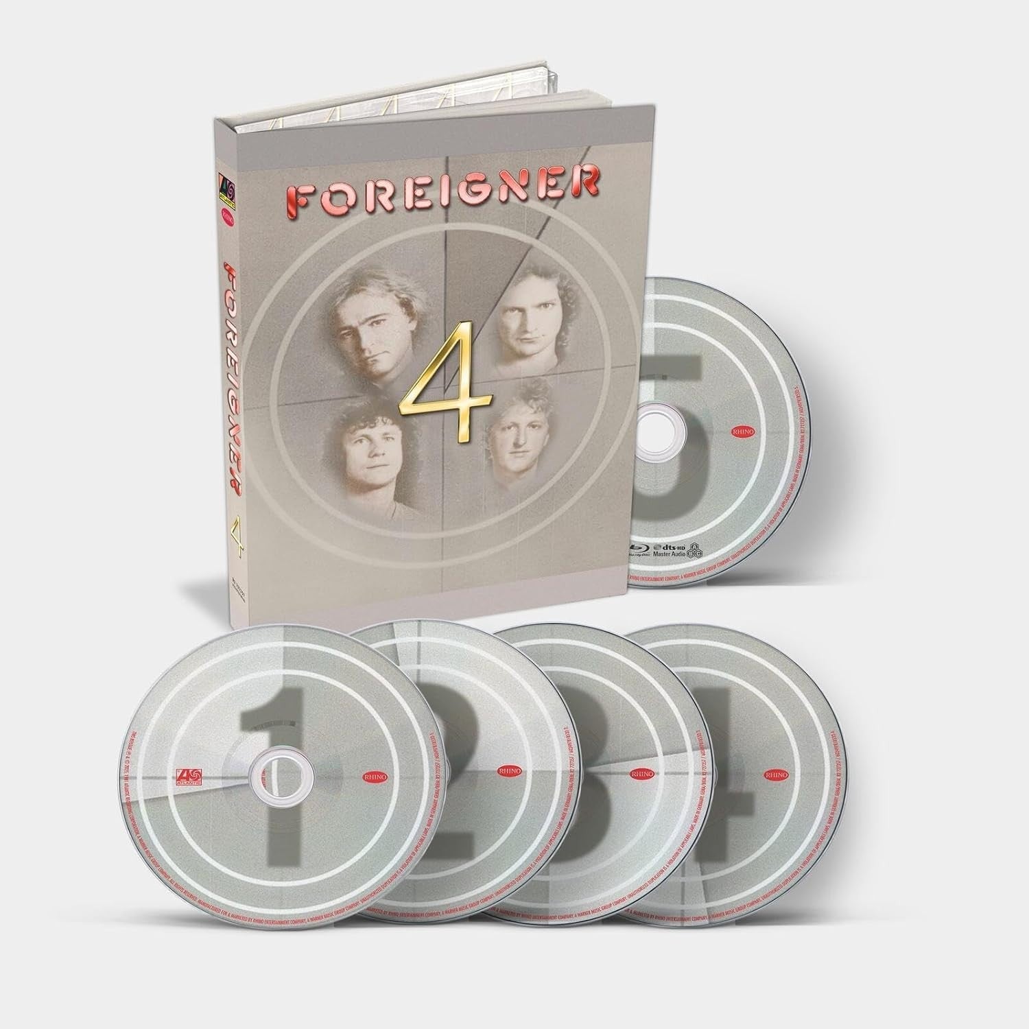 Foreigner 4" Blu-ray box set with four discs and band member images.