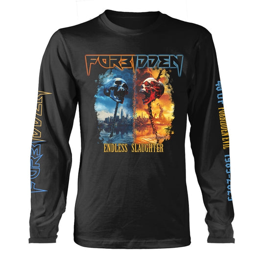 Black long-sleeve shirt featuring Forbidden band logo, two skulls, cityscapes, and text.