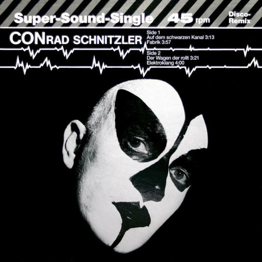 Black and white portrait of Conrad Schnitzler with distorted features, vinyl record.
