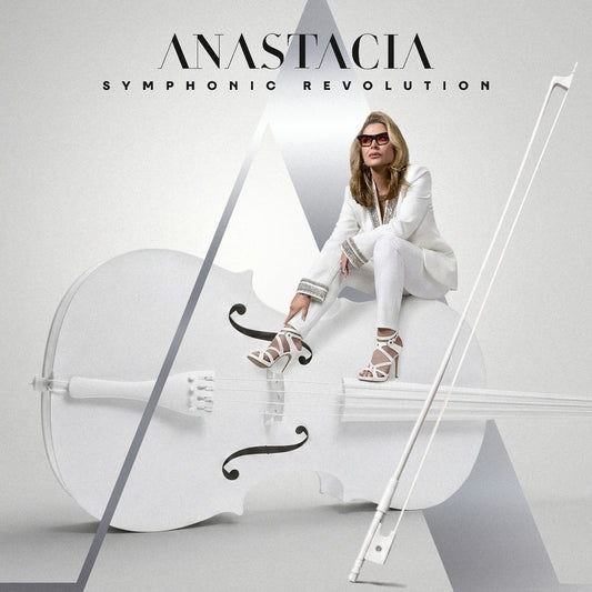 Anastacia album cover featuring the singer with a large white cello.
