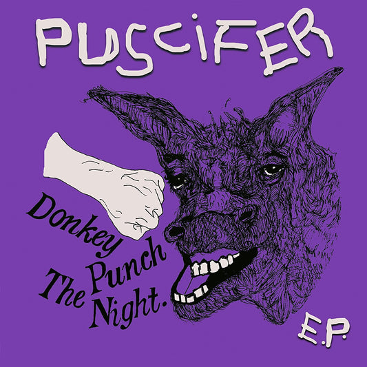 Album cover showing a fist punching a donkey head on a purple background.
