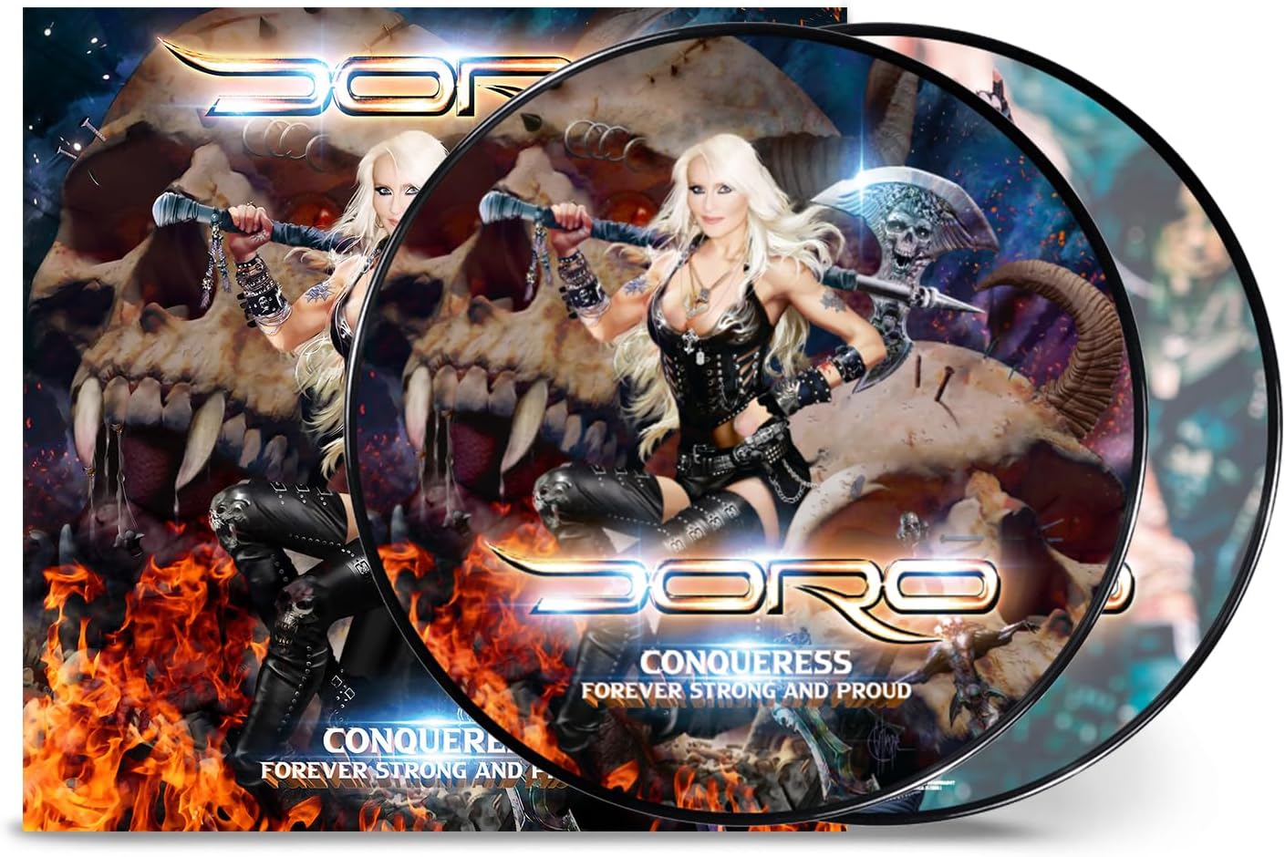 Doro Pesch holding an axe in front of a giant skull and flames on vinyl.