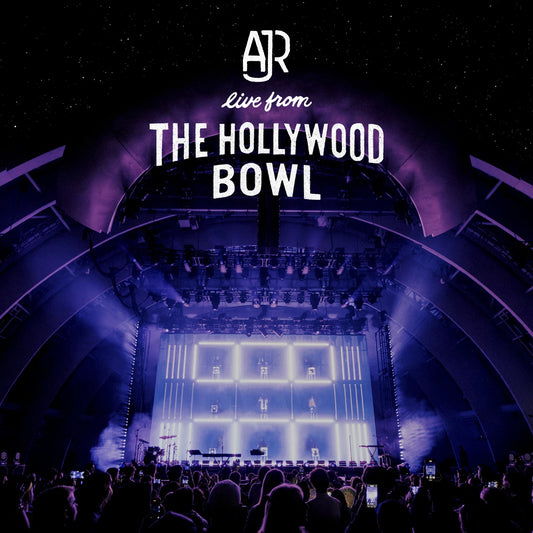 AJR concert stage at the Hollywood Bowl, purple and white lighting.