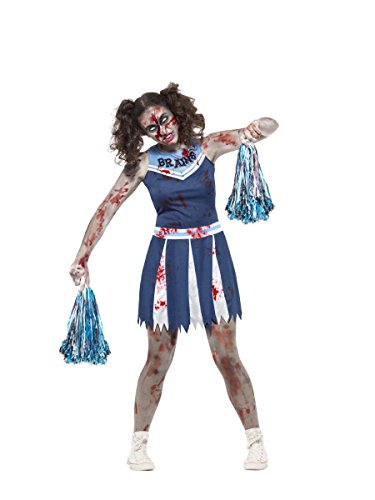 Smiffys Teen's Zombie Cheerleader Costume, Dress & Pom Poms, Colour: Blue and White, Size: XS, 45614