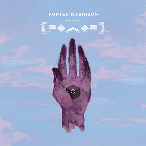Album cover for Porter Robinson’s “Worlds” with a hand and cube.