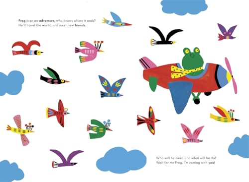 A green frog wearing a scarf flies a red airplane surrounded by colorful birds.