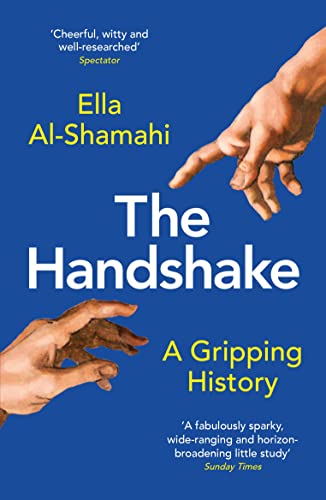 Book cover for The Handshake by Ella Al-Shamahi featuring two reaching hands on blue.