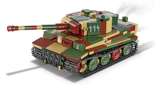 Brick-built model of a Tiger I tank with green, tan, and brown camouflage.