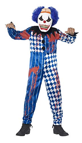 Smiffys Children's Deluxe Sinister Clown Costume, Jumpsuit, Mask, Attached Brain & Hair, Size: L, Colour: Blue, 44327
