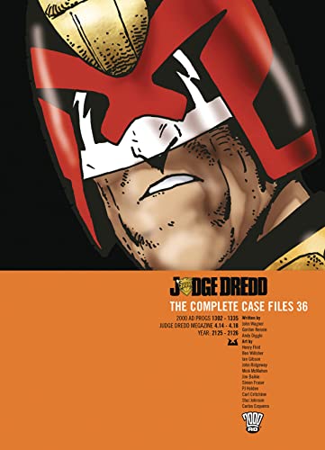 Close-up of Judge Dredd’s helmeted face on a bright orange book cover.