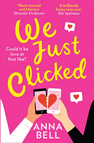Book cover with yellow title, two phones displaying heart icons, and pink background.