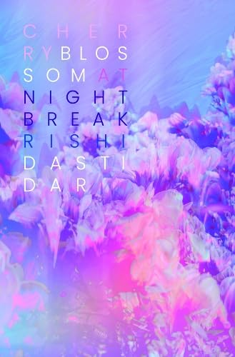Pink and purple cherry blossoms with vertically stacked text overlay.