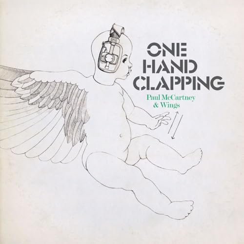 Sketch of winged baby head with headphones, album cover for Paul McCartney & Wings.