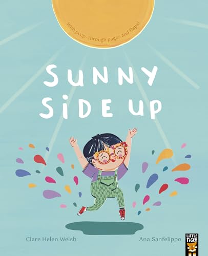 A child with glasses jumps joyfully under a sun on a light blue background.