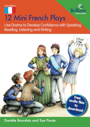 Book cover titled 12 Mini French Plays featuring an illustration of children in costumes.