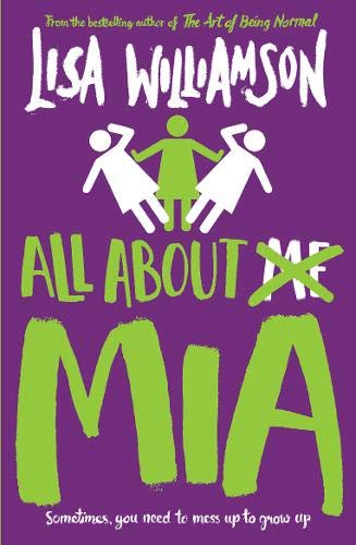 Book cover for "All About Mia" with purple background and white figures.
