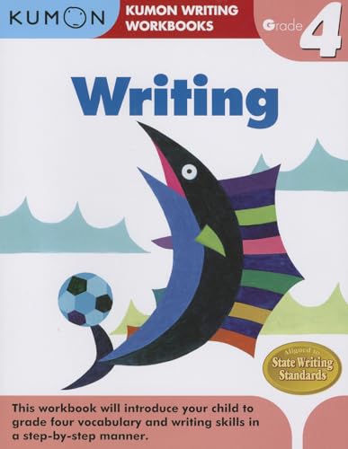 Workbook with writing exercises and prompts for fourth-grade students, colorful educational illustrations inside.