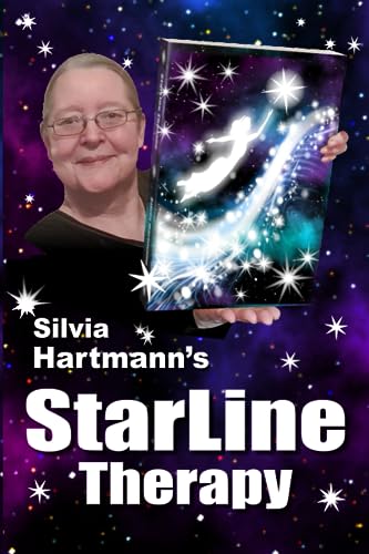Woman holding book cover with swirling galaxy and figure in white.
