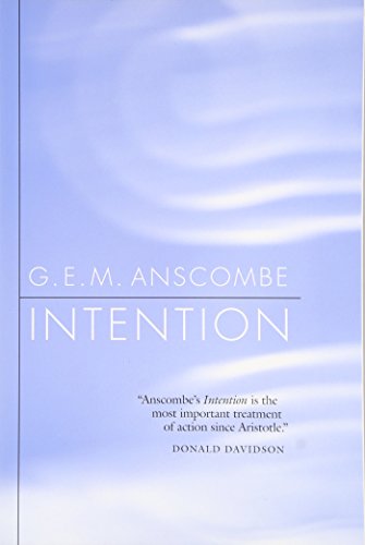 Book cover of Intention by G.E.M. Anscombe with a light blue abstract background.
