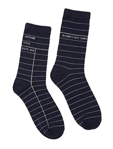 Dark blue socks patterned with library card lines and labels.