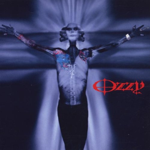 Ozzy Osbourne with arms outstretched against a blue cross background, with red Ozzy logo.