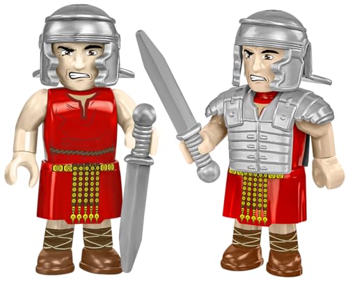 Two plastic Roman soldier figures with swords and helmets.