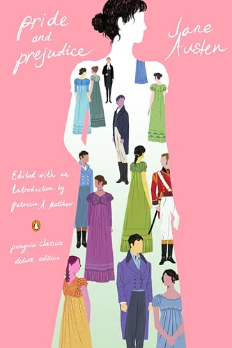 “Pride and Prejudice” book cover with silhouettes of people in Regency attire.